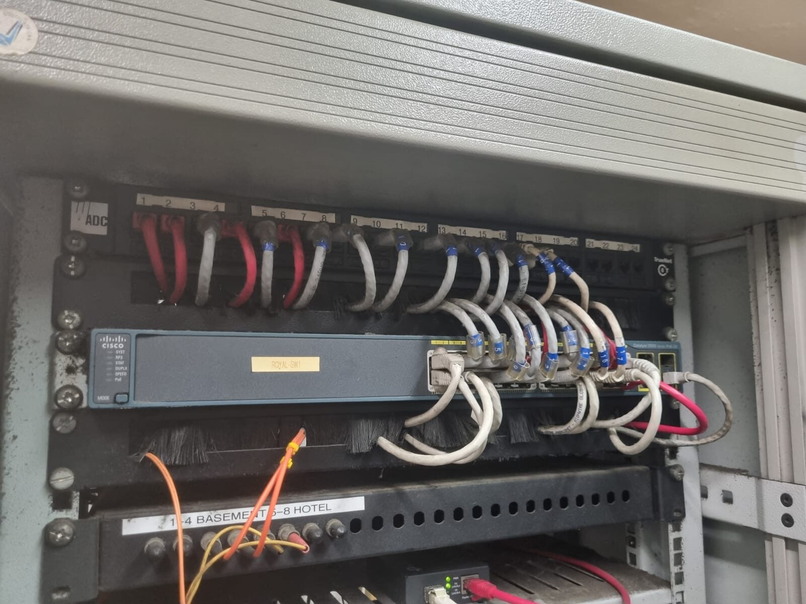 Network switch and dressed cabling in a comms rack