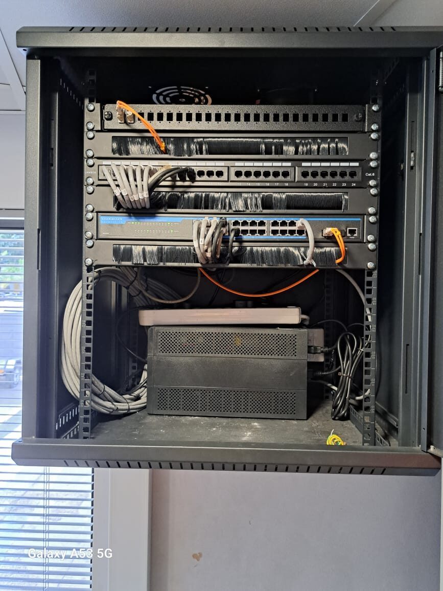 Patch panels and network switches in a server cabinet